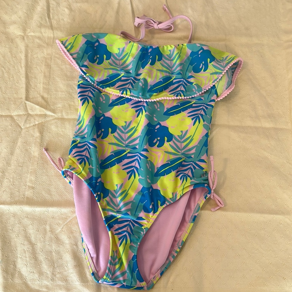 Cat and Jack Girls Large Size 10/12 Floral Neon One Piece Bathing Suit Swimsuit
